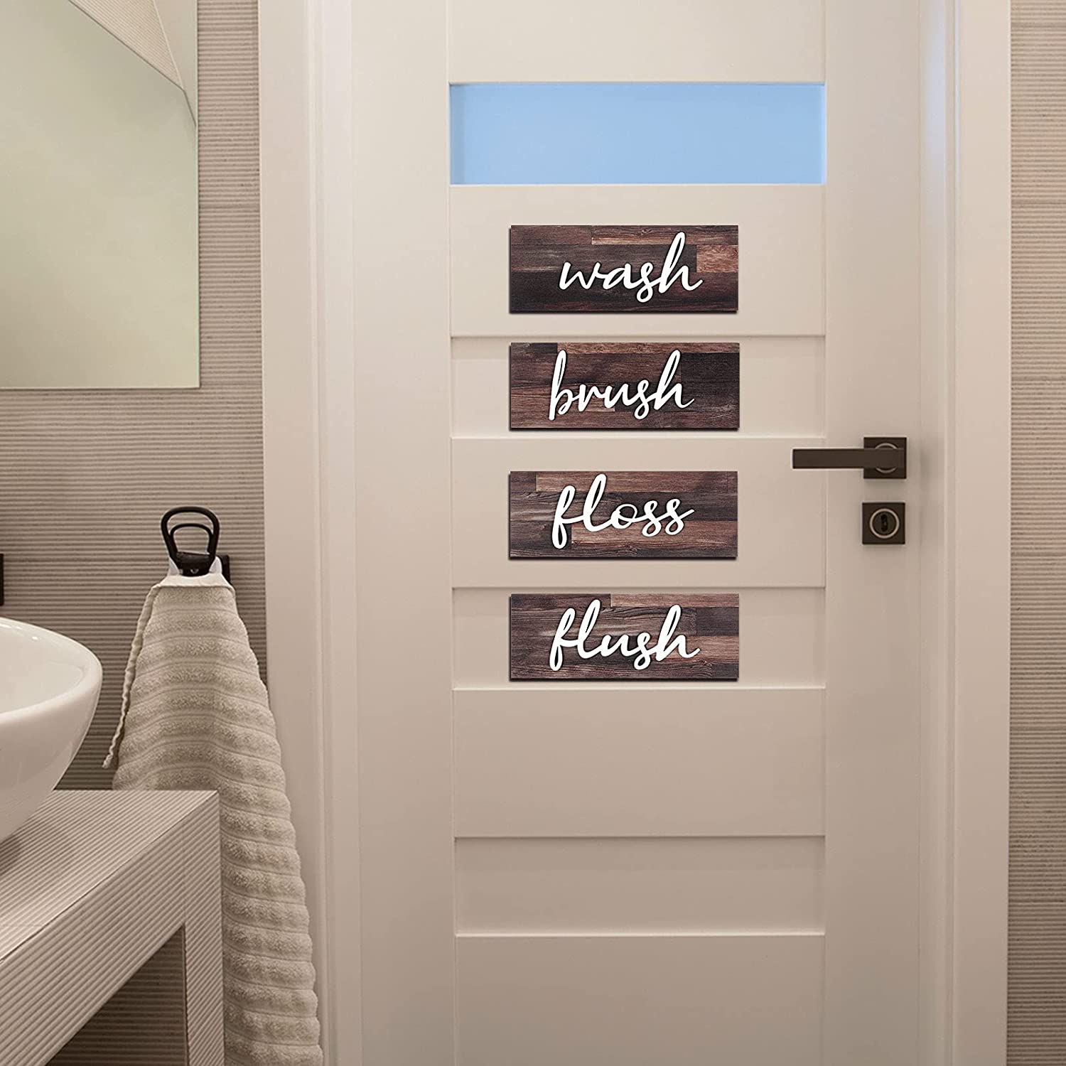 4 Pieces Farmhouse Bathroom Wall Decors Wash Brush Floss Flush Signs Rustic Hanging Wooden Signs