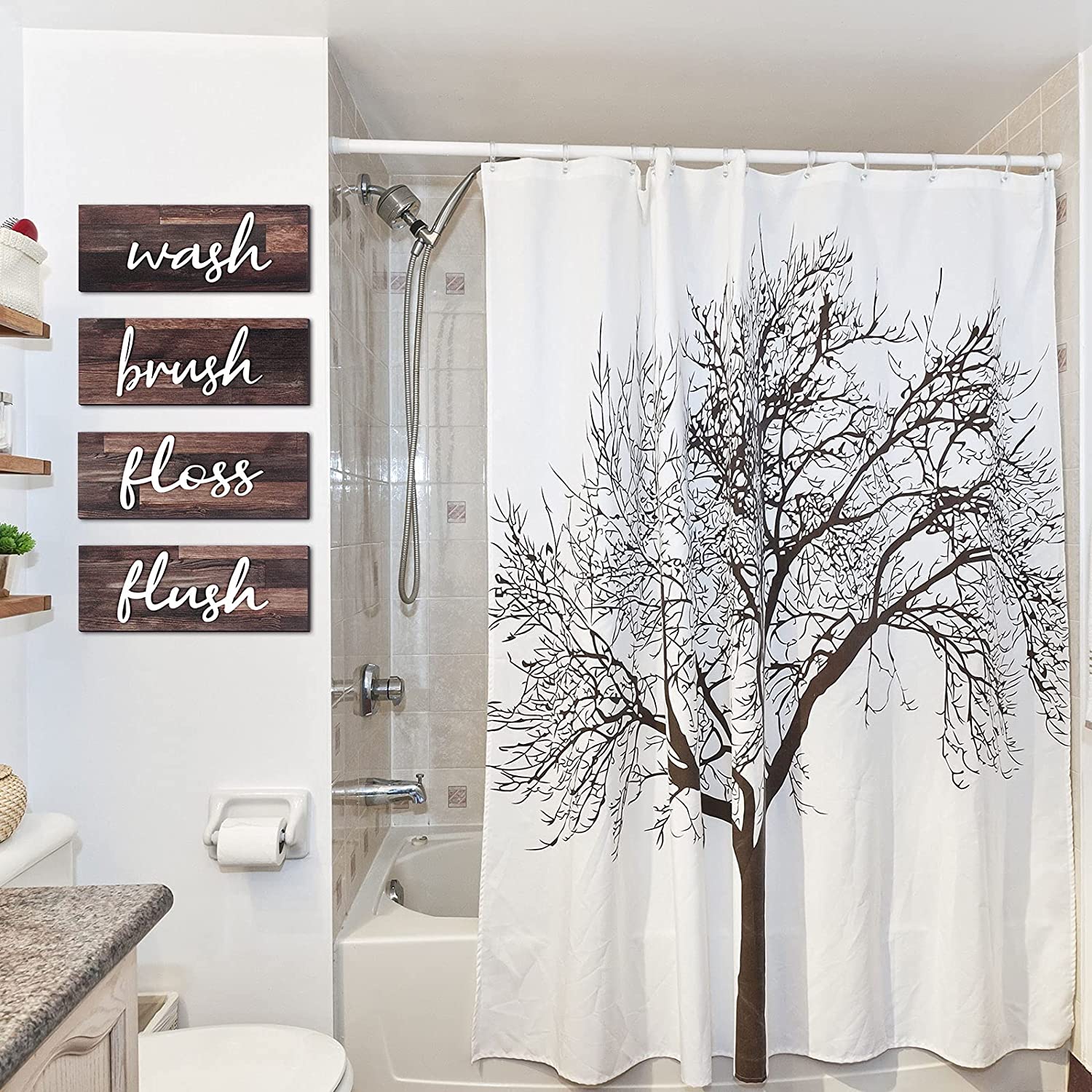 4 Pieces Farmhouse Bathroom Wall Decors Wash Brush Floss Flush Signs Rustic Hanging Wooden Signs