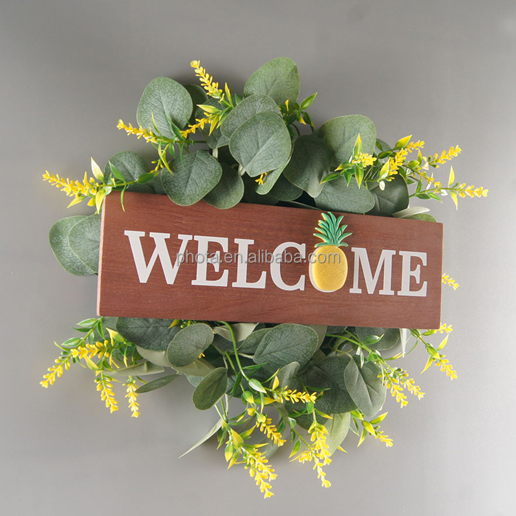 Interchangeable Welcome Sign with Wreaths Rustic Front Door Decor Wood Hanging Sign with Artificial Eucalyptus