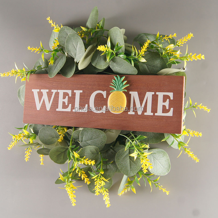 Interchangeable Welcome Sign with Wreaths Rustic Front Door Decor Wood Hanging Sign with Artificial Eucalyptus