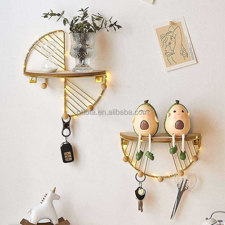 PHOTA Wall Mount Mail Holder  with Shelf Wood Key Hooks Metal Mail Sorter Coat Rack Wire Mesh Storage
