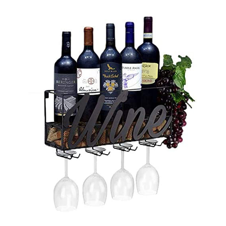Los Angeles Best Selling Grapes and Leaves Decor Metal Wall Mounted Wine Rack with 6 Cork Wine Charms