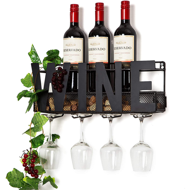 Los Angeles Best Selling Grapes and Leaves Decor Metal Wall Mounted Wine Rack with 6 Cork Wine Charms