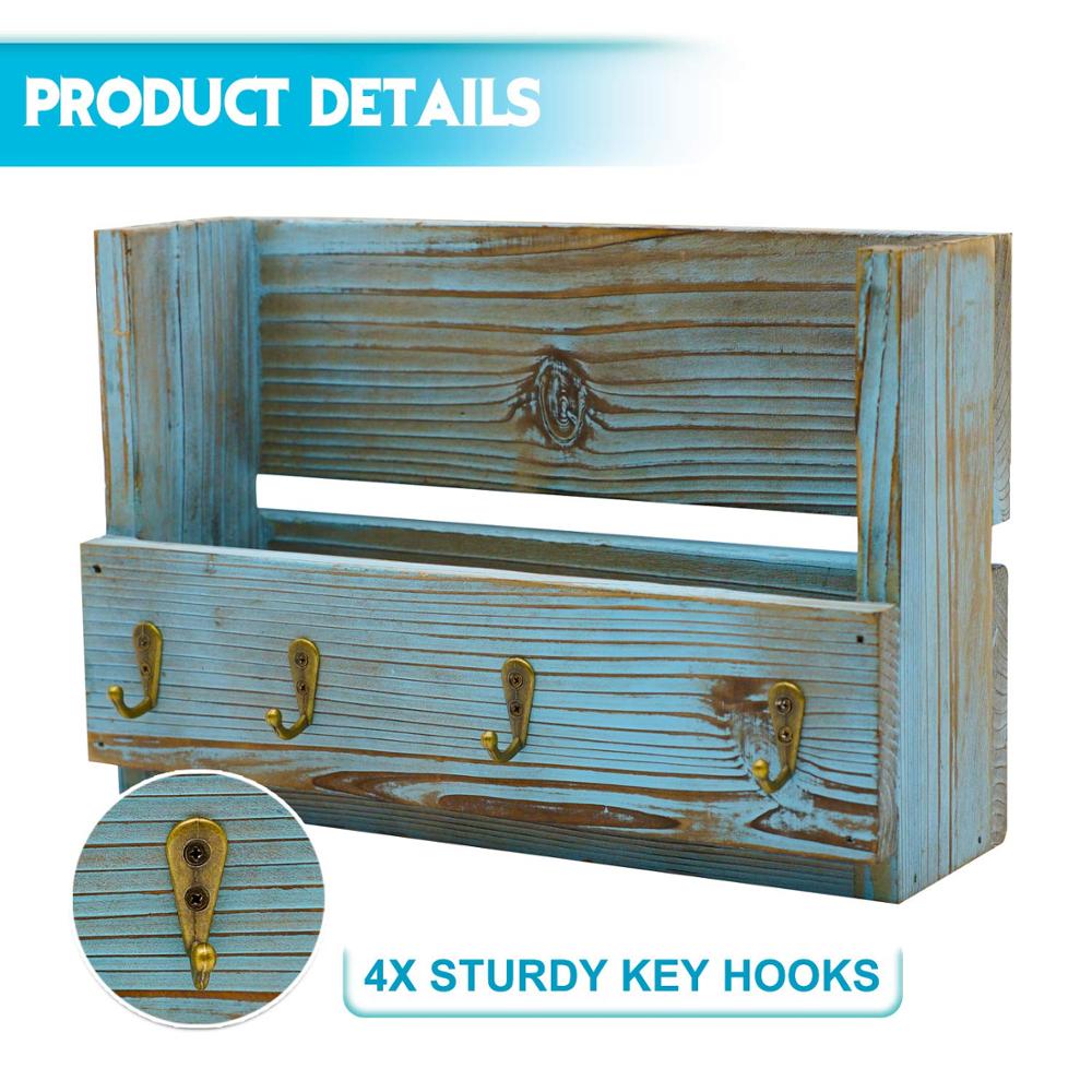 Shelf 27x7x17 Inch Wall Mount Mail Holder with 4 Key Hooks Rustic Wooden Solid Wood Living Room Furniture Accepatble Customized