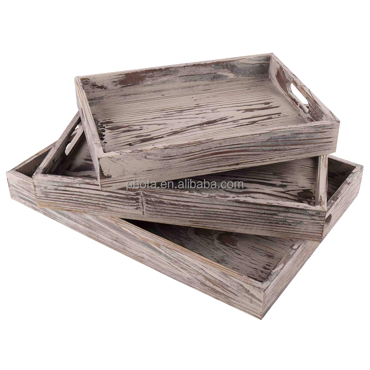 Set of 3 Rustic Wood Serving Tray for Coffee Table