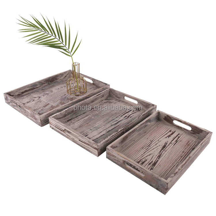 Set of 3 Rustic Wood Serving Tray for Coffee Table