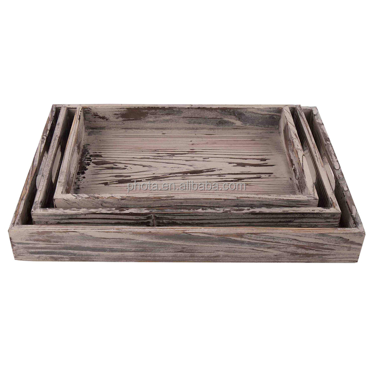 Set of 3 Rustic Wood Serving Tray for Coffee Table