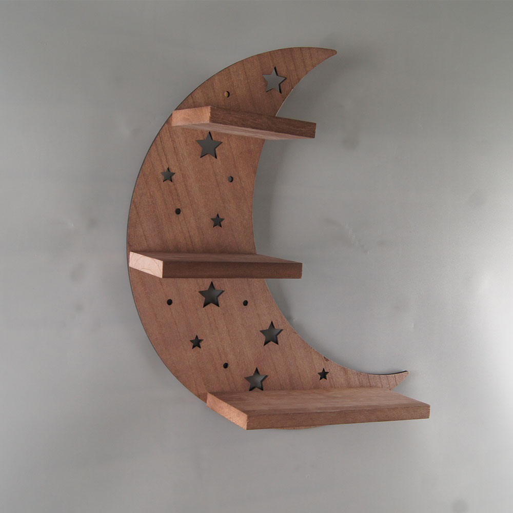 Moon Shelf with LED Lights and Stars Wooden Wall Shelf