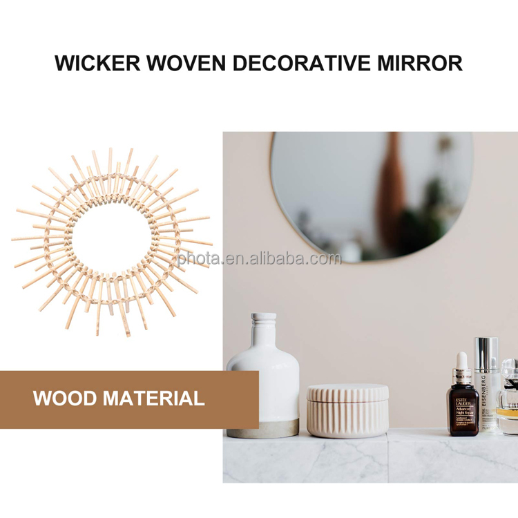 Wood Geometric Mirror Handmade Wicker Woven Wall Mounted Makeup Accent Mirror Hanging
