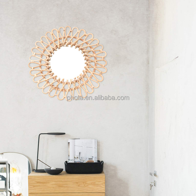 Wood Geometric Mirror Handmade Wicker Woven Wall Mounted Makeup Accent Mirror Hanging