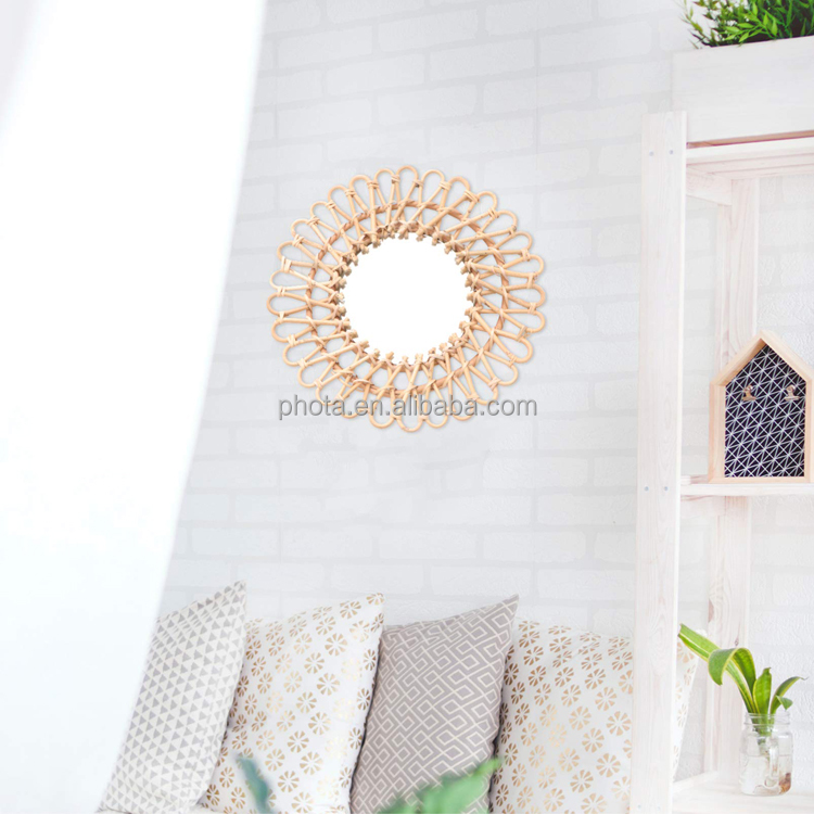 Wood Geometric Mirror Handmade Wicker Woven Wall Mounted Makeup Accent Mirror Hanging