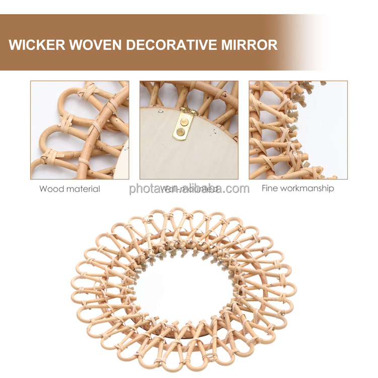 Wood Geometric Mirror Handmade Wicker Woven Wall Mounted Makeup Accent Mirror Hanging