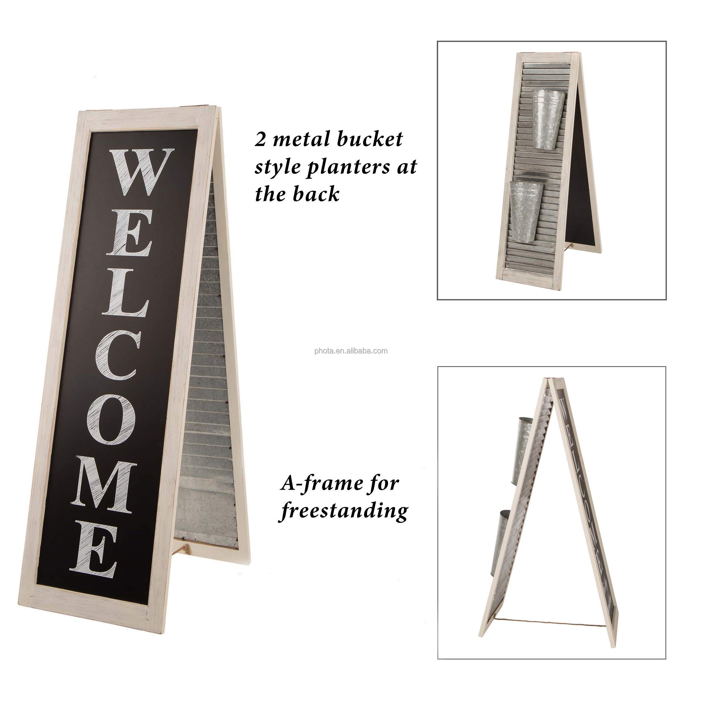 Welcome Sign for Front Door  with Shutter Style Farmhouse Black Chalkboard Home Decor Sign with Metal Hanging Planters