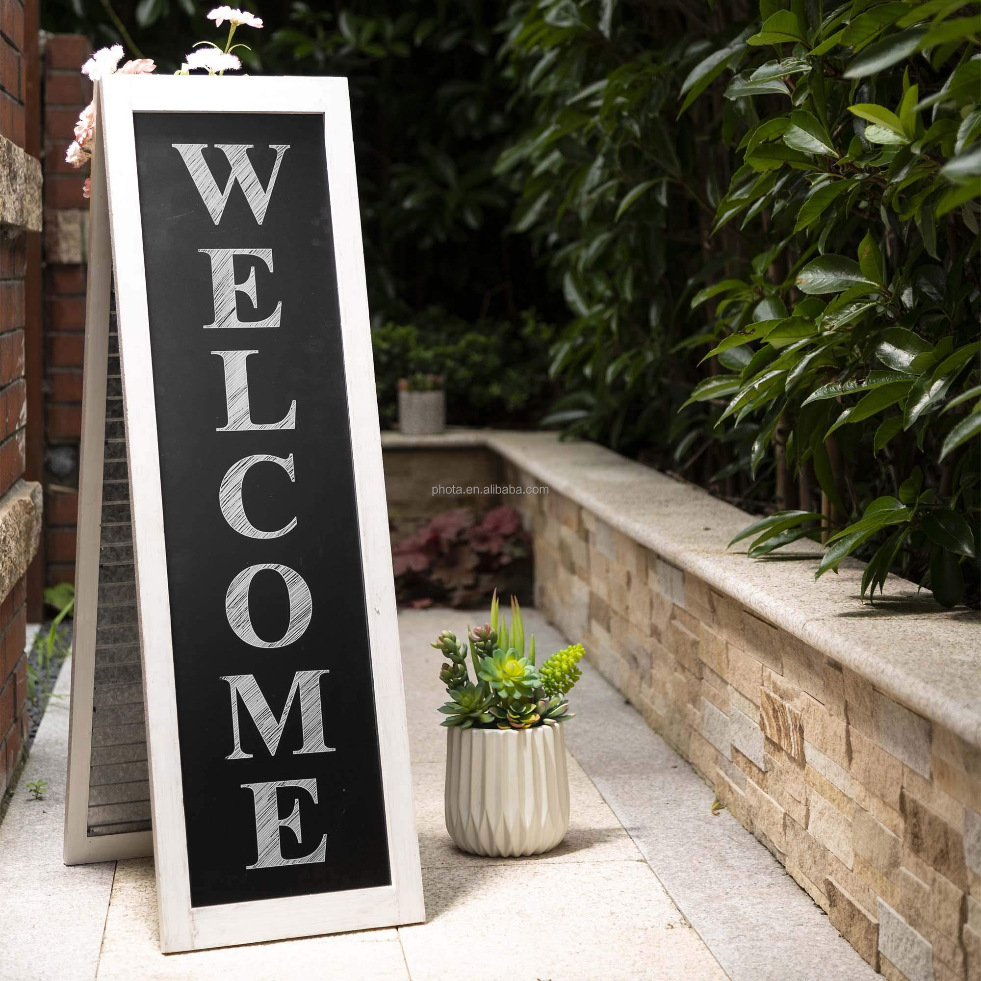 Welcome Sign for Front Door  with Shutter Style Farmhouse Black Chalkboard Home Decor Sign with Metal Hanging Planters