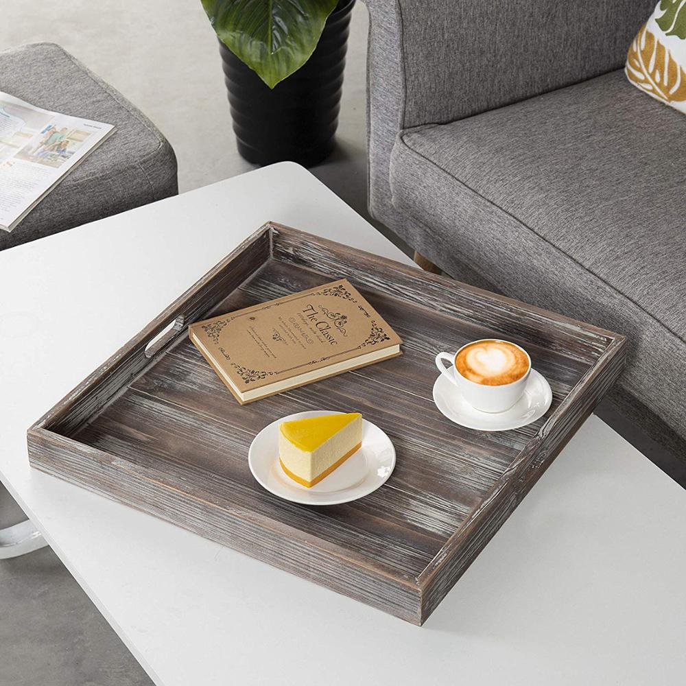 PHOTA Rustic Torched Wood Ottoman Tray Square Wood Tray Wood Serving Trays For Table Display