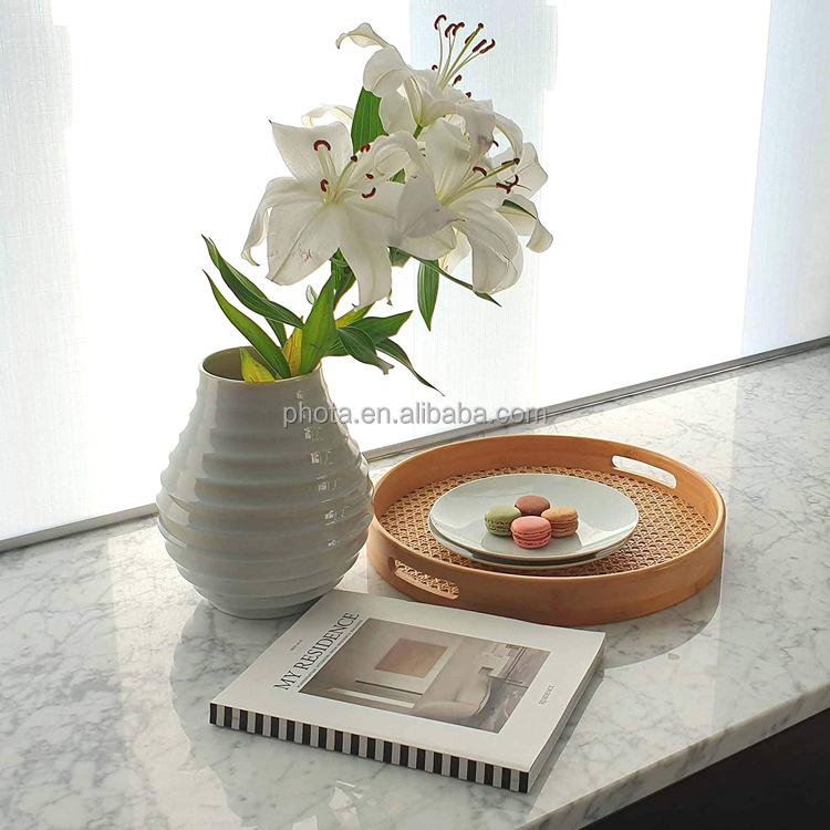Large Round Rattan Serving Tray with Handles for Breakfast, Coffee, Drinks or Decorative as a Coffee Table Tray