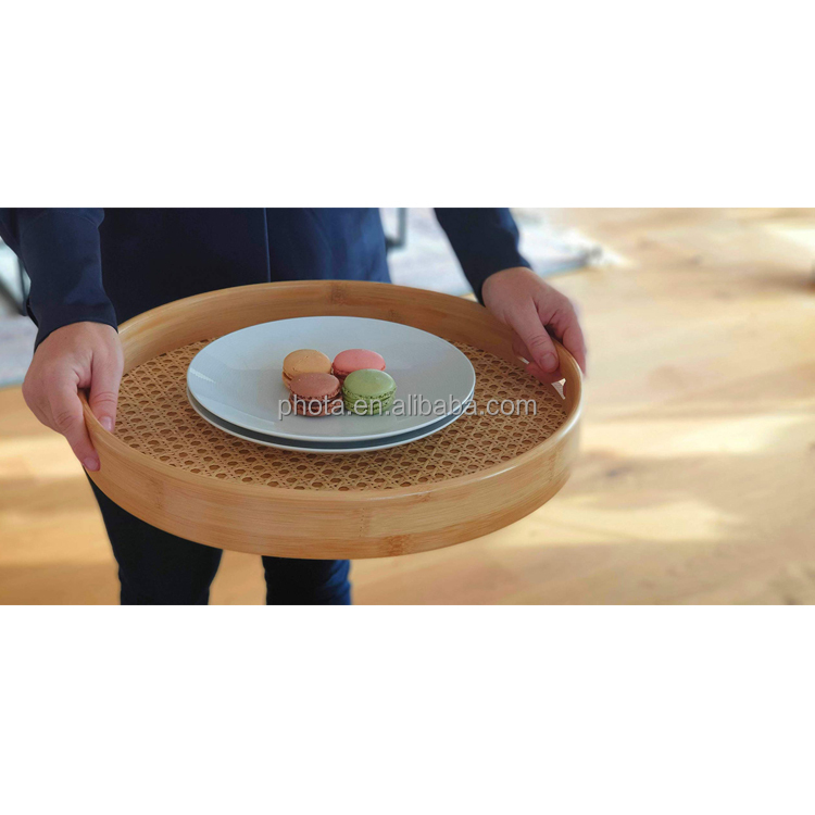 Large Round Rattan Serving Tray with Handles for Breakfast, Coffee, Drinks or Decorative as a Coffee Table Tray