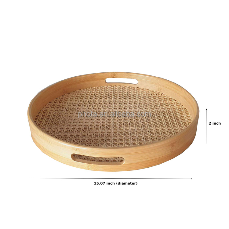 Large Round Rattan Serving Tray with Handles for Breakfast, Coffee, Drinks or Decorative as a Coffee Table Tray