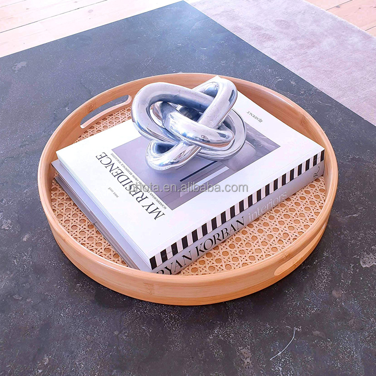 Large Round Rattan Serving Tray with Handles for Breakfast, Coffee, Drinks or Decorative as a Coffee Table Tray