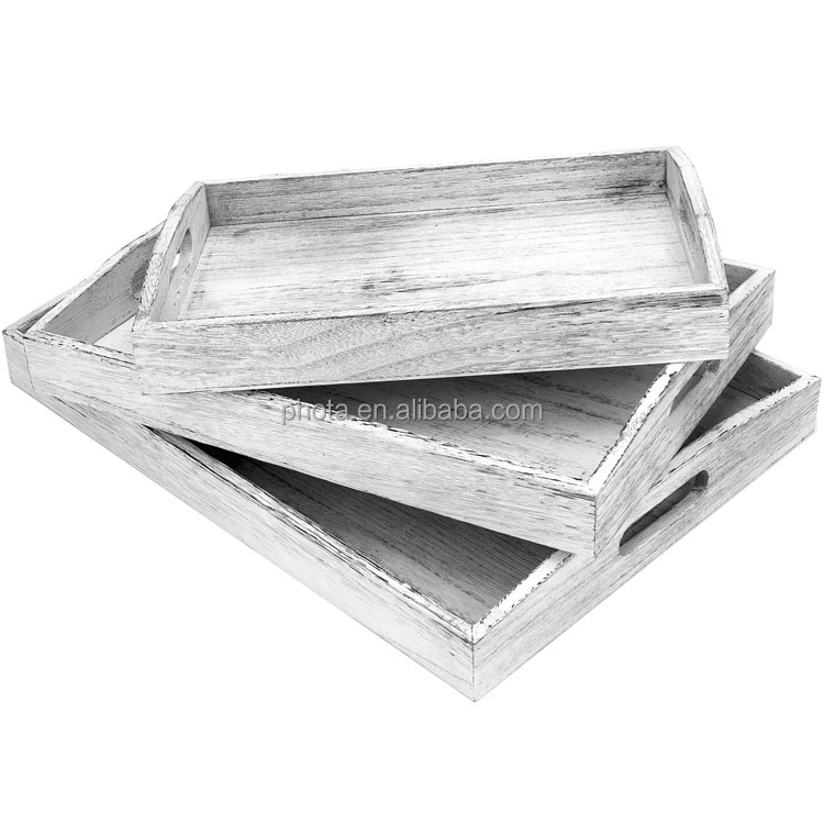 Set of 3 Wooden Serving Trays with Handle