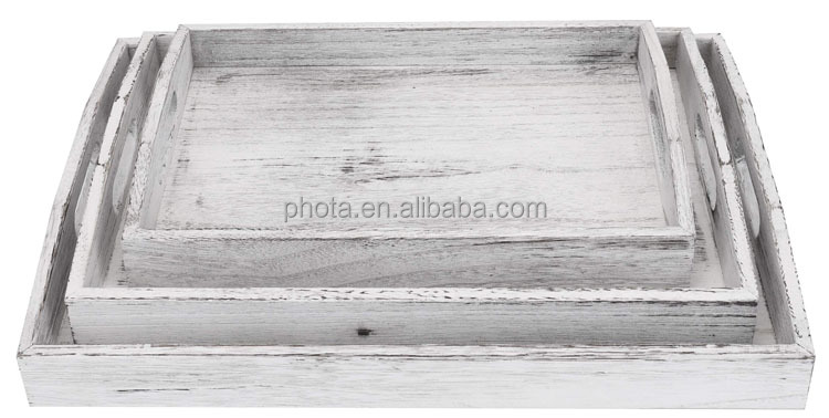 Set of 3 Wooden Serving Trays with Handle