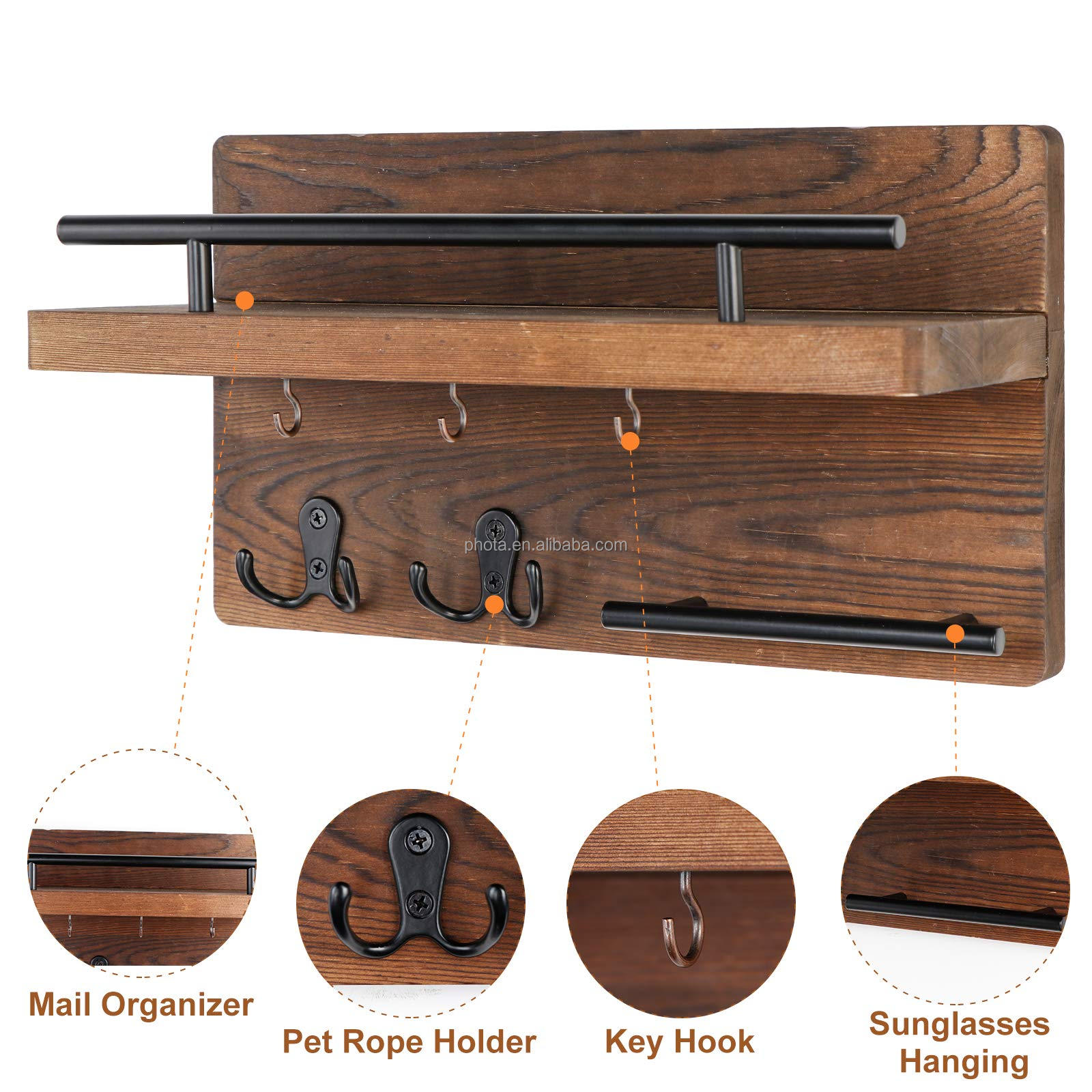 Wooden Mail Organizer Wall Mount with 5 Key Hooks, Wood Key Hangers for Wall with Mail Key Rack