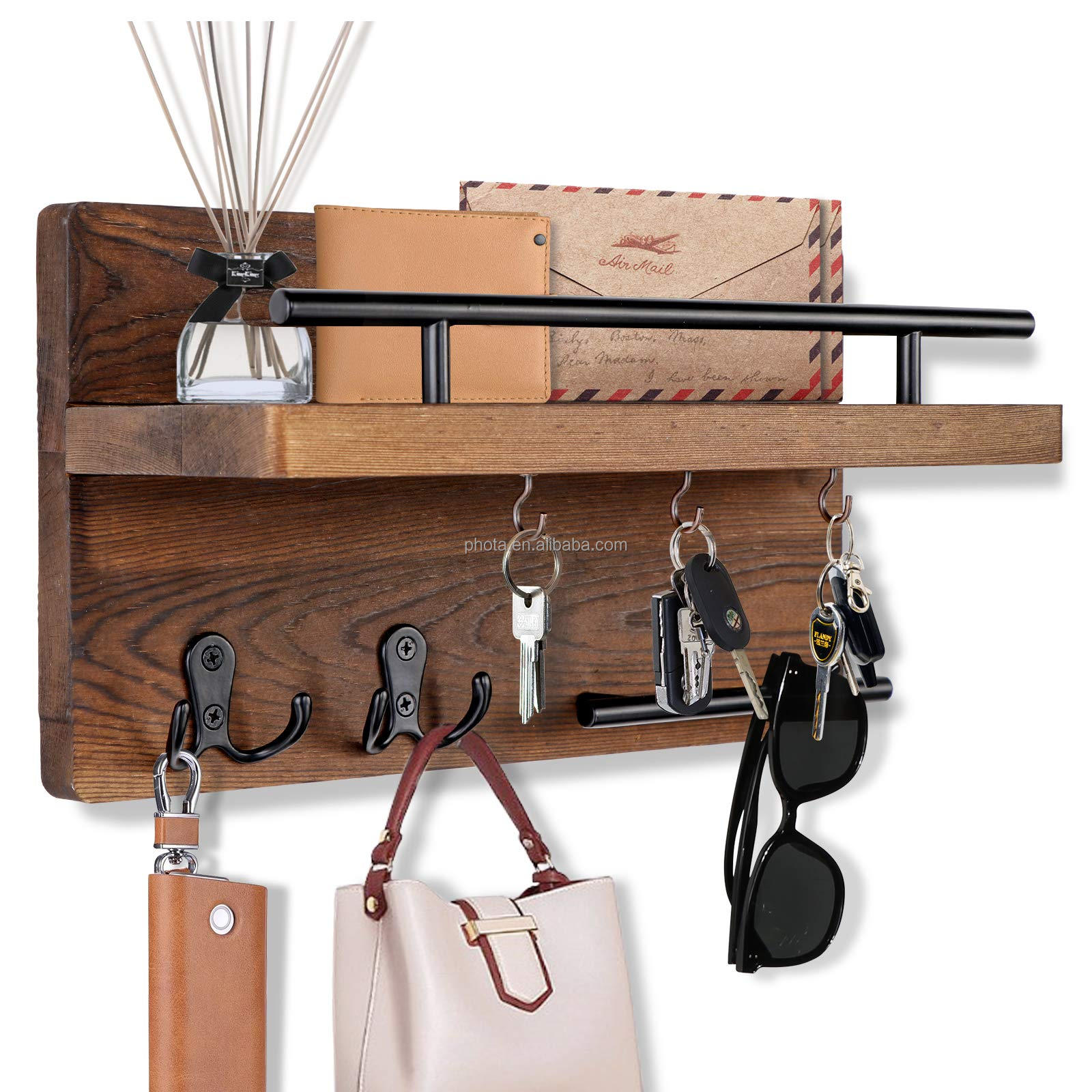 Wooden Mail Organizer Wall Mount with 5 Key Hooks, Wood Key Hangers for Wall with Mail Key Rack