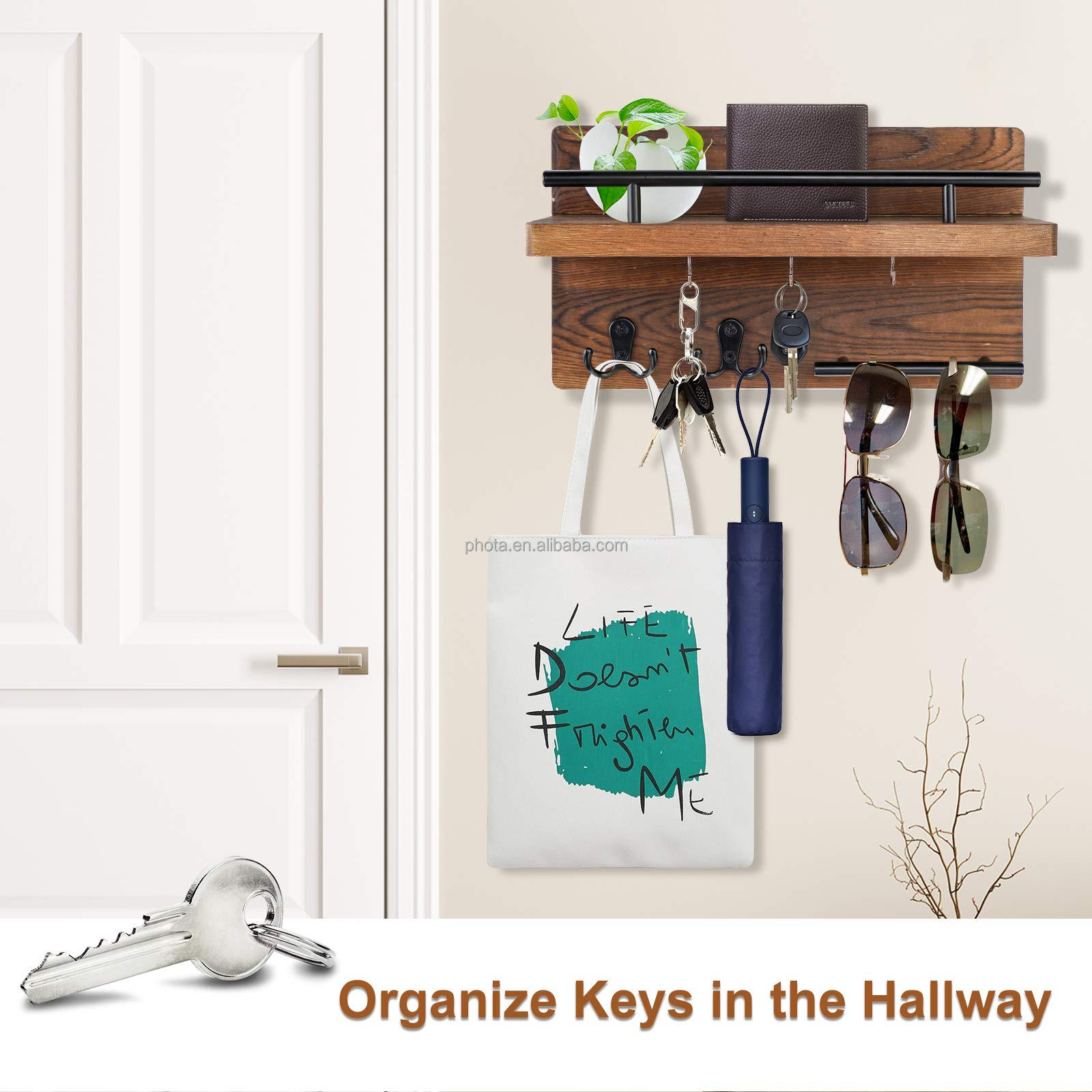 Wooden Mail Organizer Wall Mount with 5 Key Hooks, Wood Key Hangers for Wall with Mail Key Rack