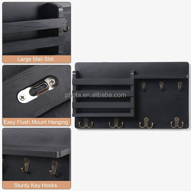 Mail Organizer with Key Hooks for Hallway Kitchen Farmhouse Decor Letter Sorter Made of Natural Pine with Floating Shelf