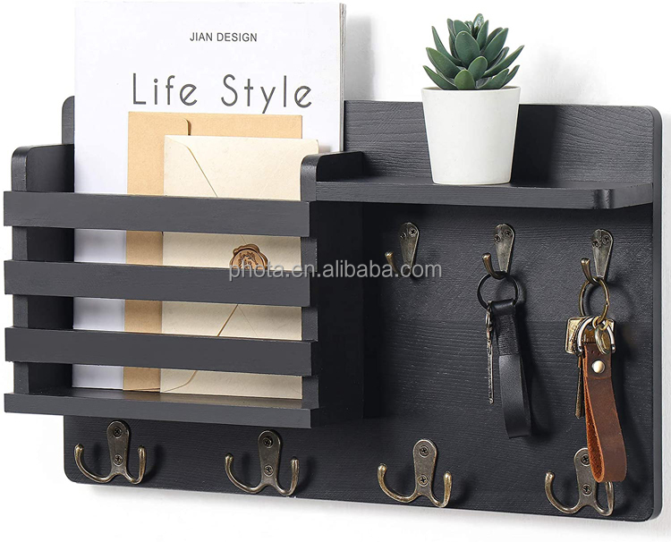 Mail Organizer with Key Hooks for Hallway Kitchen Farmhouse Decor Letter Sorter Made of Natural Pine with Floating Shelf