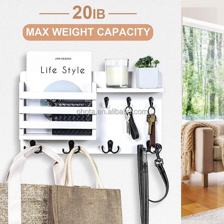 Mail Organizer with Key Hooks for Hallway Kitchen Farmhouse Decor Letter Sorter Made of Natural Pine with Floating Shelf