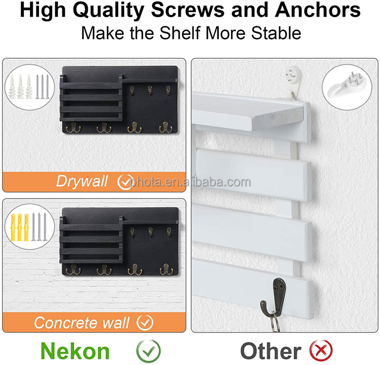 Mail Organizer with Key Hooks for Hallway Kitchen Farmhouse Decor Letter Sorter Made of Natural Pine with Floating Shelf