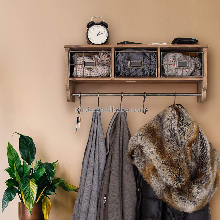 Rustic Coat Rack Wall Mounted Shelf with 5 Hooks & Baskets