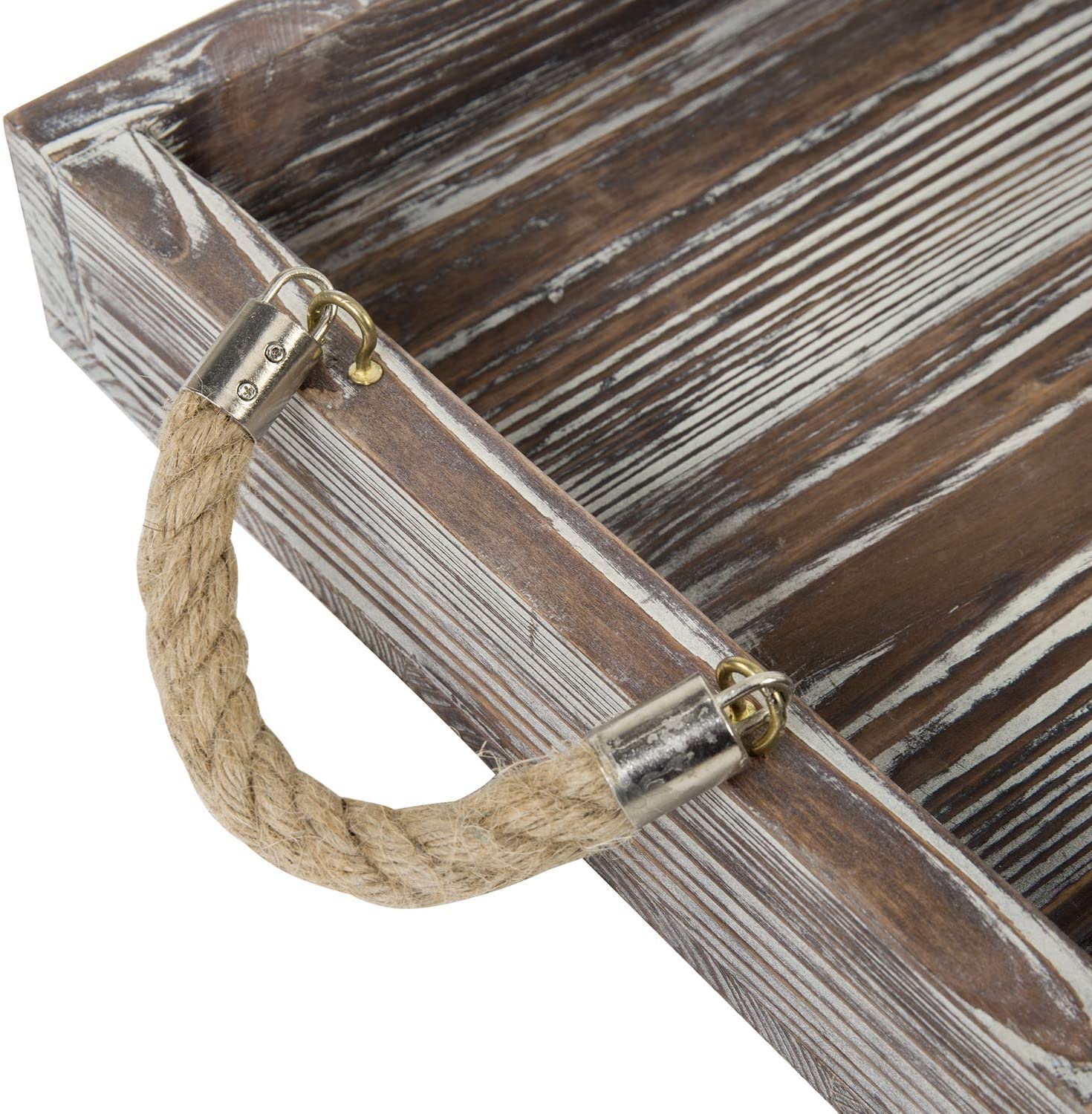 Rustic Wood Rectangular Nesting Serving Trays with Twisted Rope Handles, Set of 2