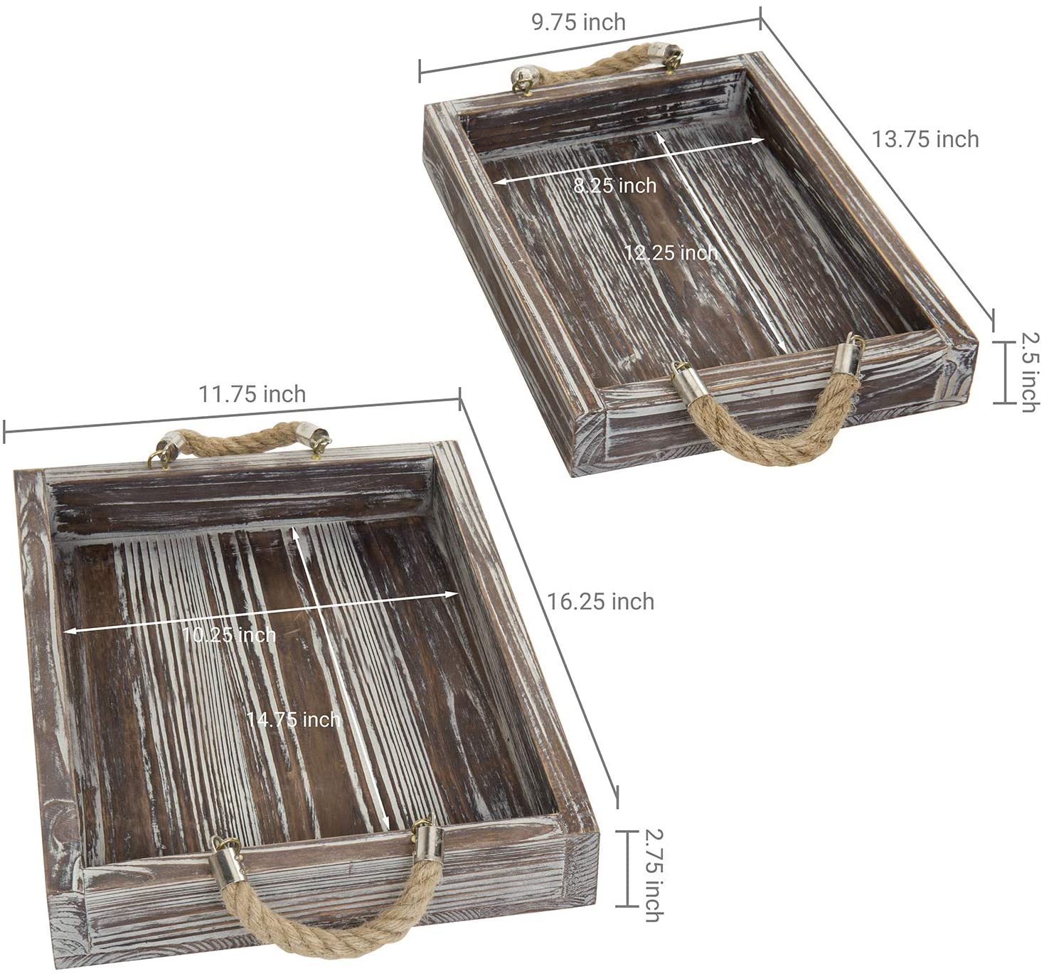 Rustic Wood Rectangular Nesting Serving Trays with Twisted Rope Handles, Set of 2