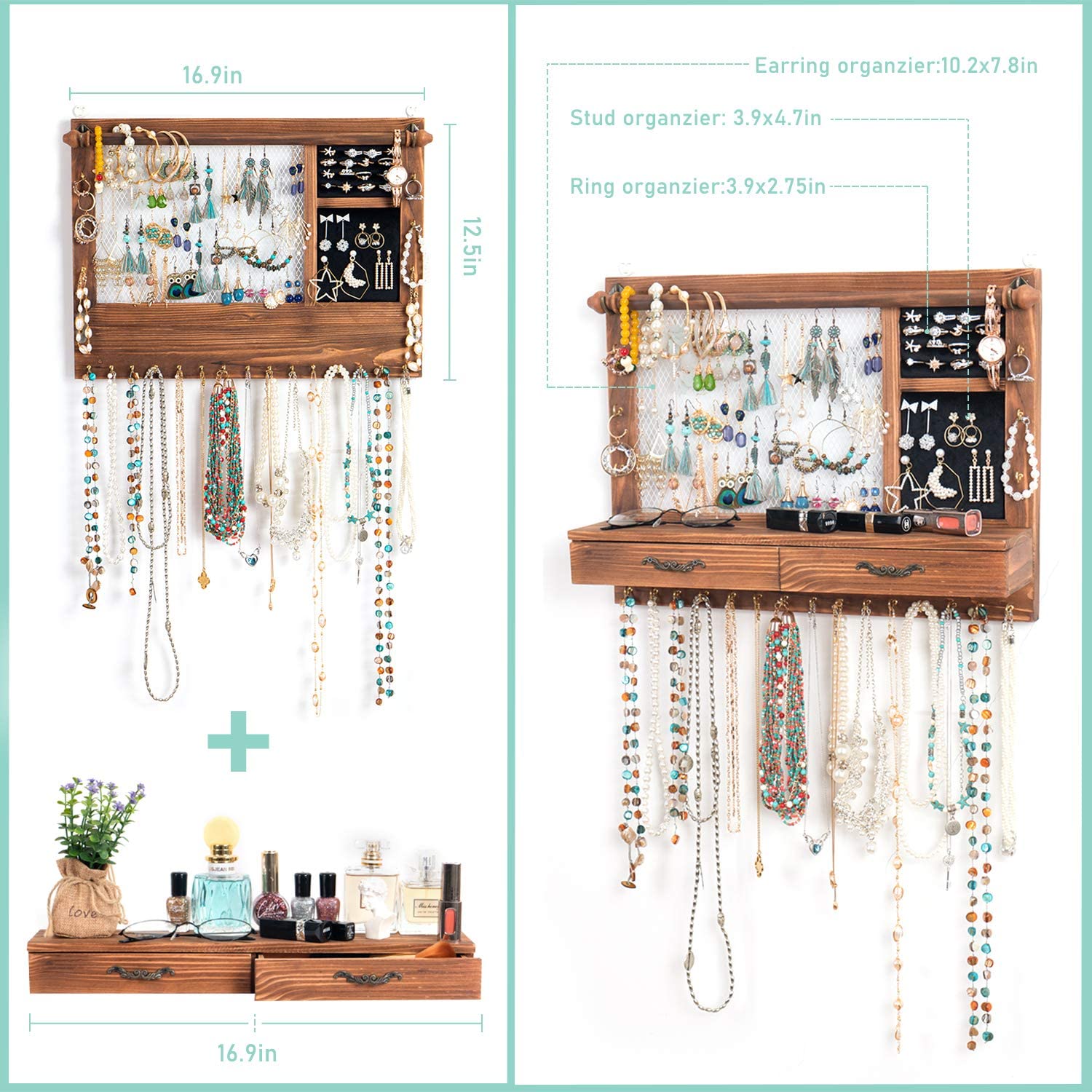 Wall Mounted Jewelry Organizer Jewelry Hanger Display with Drawers