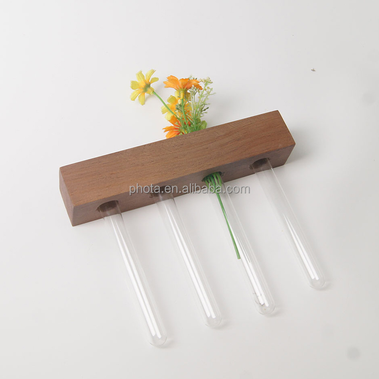 Wooden Stand with Test Tube Rack Hanging Hydroponics Terrarium ,4 Planter Glass Vase with Holder for Home Decoration Vintage Woo