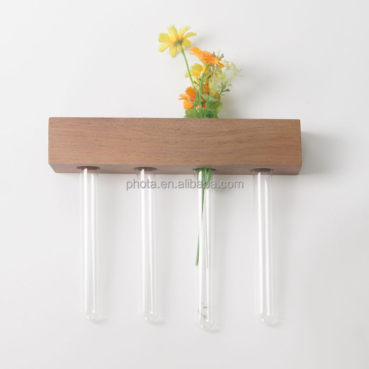 Wooden Stand with Test Tube Rack Hanging Hydroponics Terrarium ,4 Planter Glass Vase with Holder for Home Decoration Vintage Woo