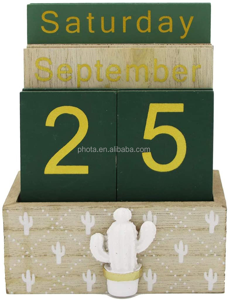 Wooden Flip Desk Blocks Calendar - Perpetual Plank Table Calendar Week Month Date Display Home Office Decoration