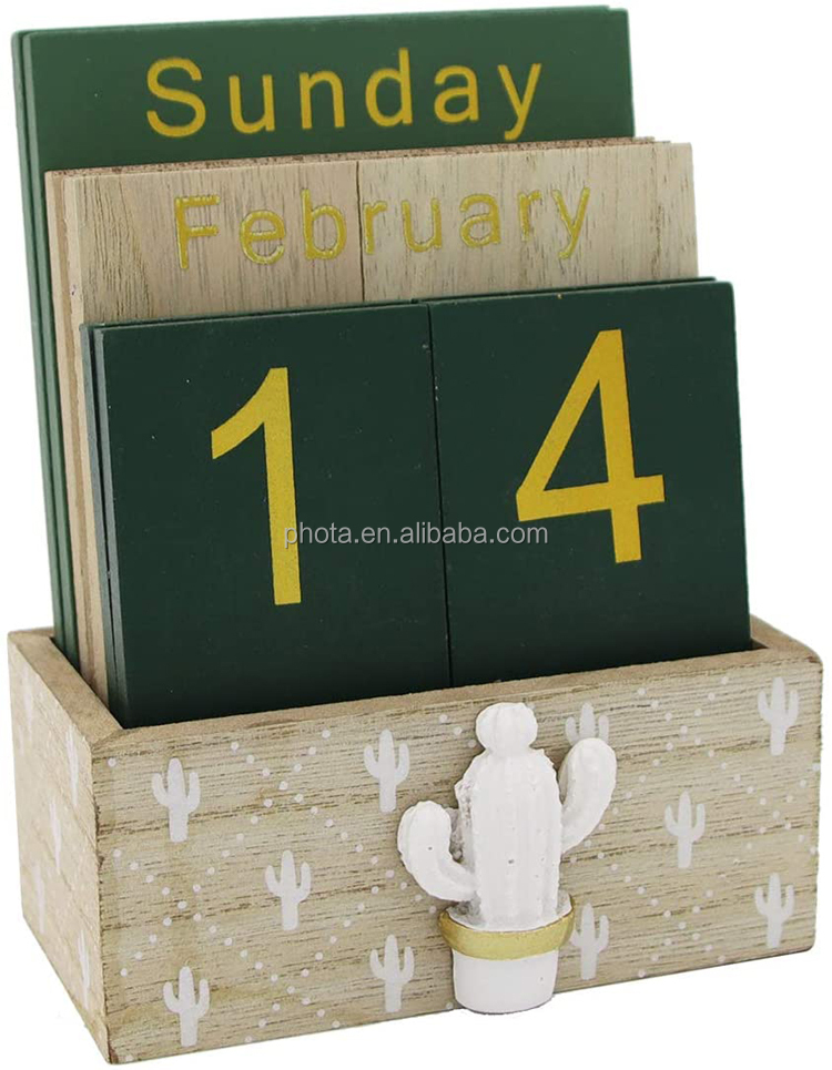 Wooden Flip Desk Blocks Calendar - Perpetual Plank Table Calendar Week Month Date Display Home Office Decoration