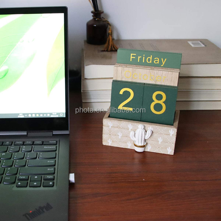 Wooden Flip Desk Blocks Calendar - Perpetual Plank Table Calendar Week Month Date Display Home Office Decoration