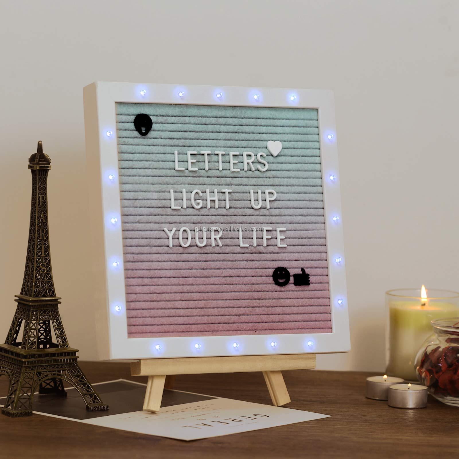 Gradient Felt Letter Board with LED Lights 10x10 Inch Felt Changeable Message Board with 510 Black & White Pre-Cut Letters