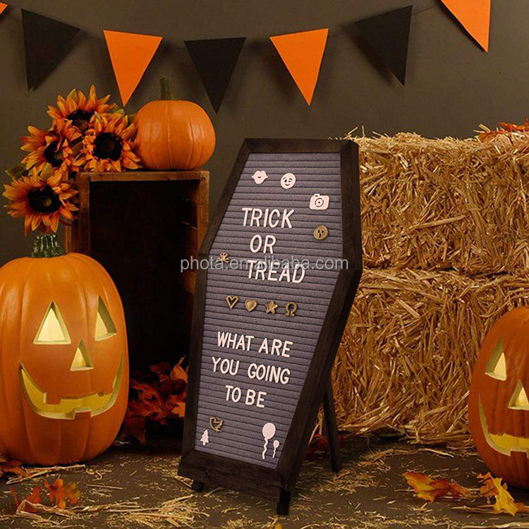 Black Felt Coffin Letter  Message Board for Halloween Decorations 17x10.5, 500 White Changeable Characters, Wooden Stand