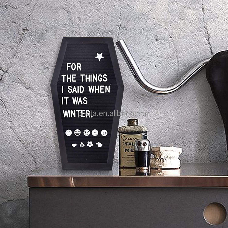 Black Felt Coffin Letter  Message Board for Halloween Decorations 17x10.5, 500 White Changeable Characters, Wooden Stand