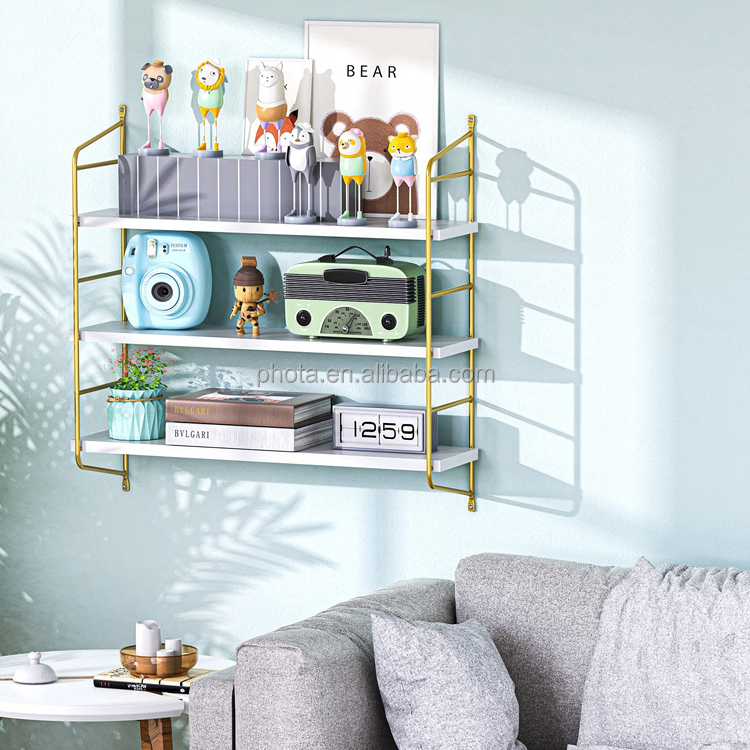Wall Shelves with 3 Boards Adjustable White and Gold Floating Shelf