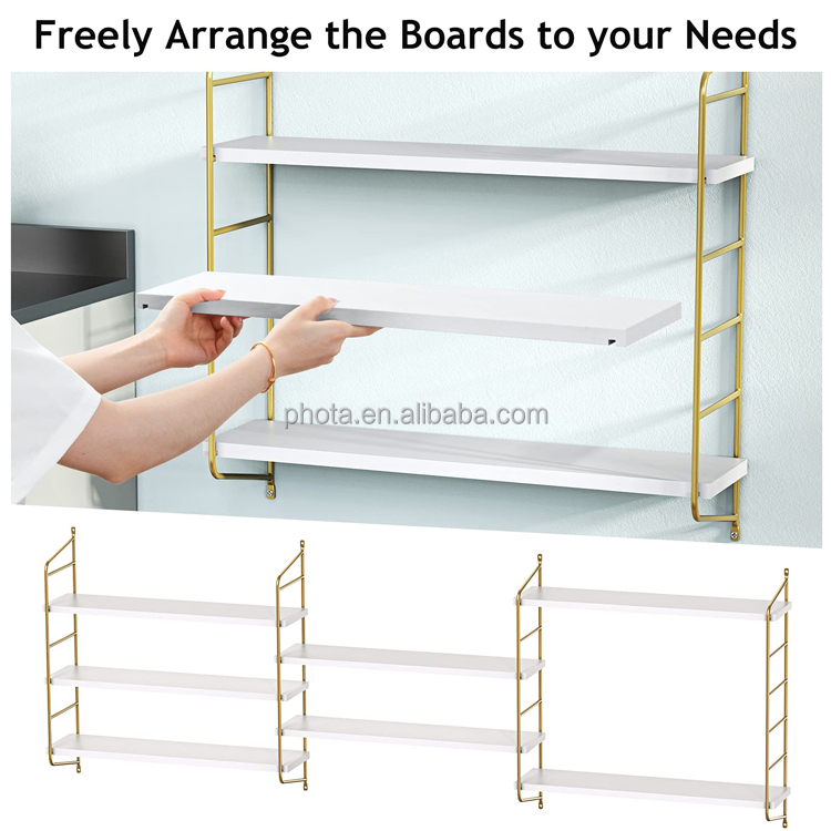 Wall Shelves with 3 Boards Adjustable White and Gold Floating Shelf
