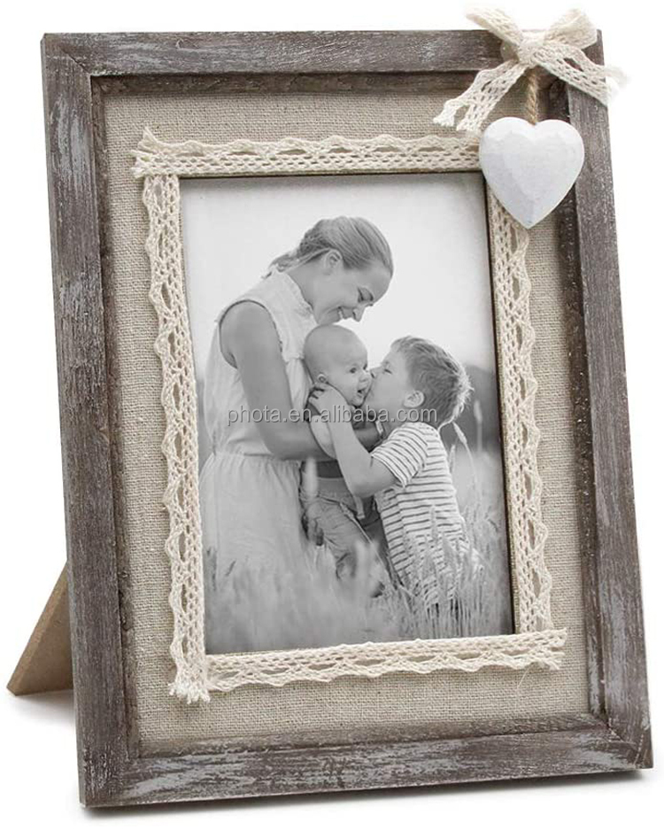 Rustic Love Picture Frame 4x6 White Heart Cute Burlap Distressed Wood Photo Frames