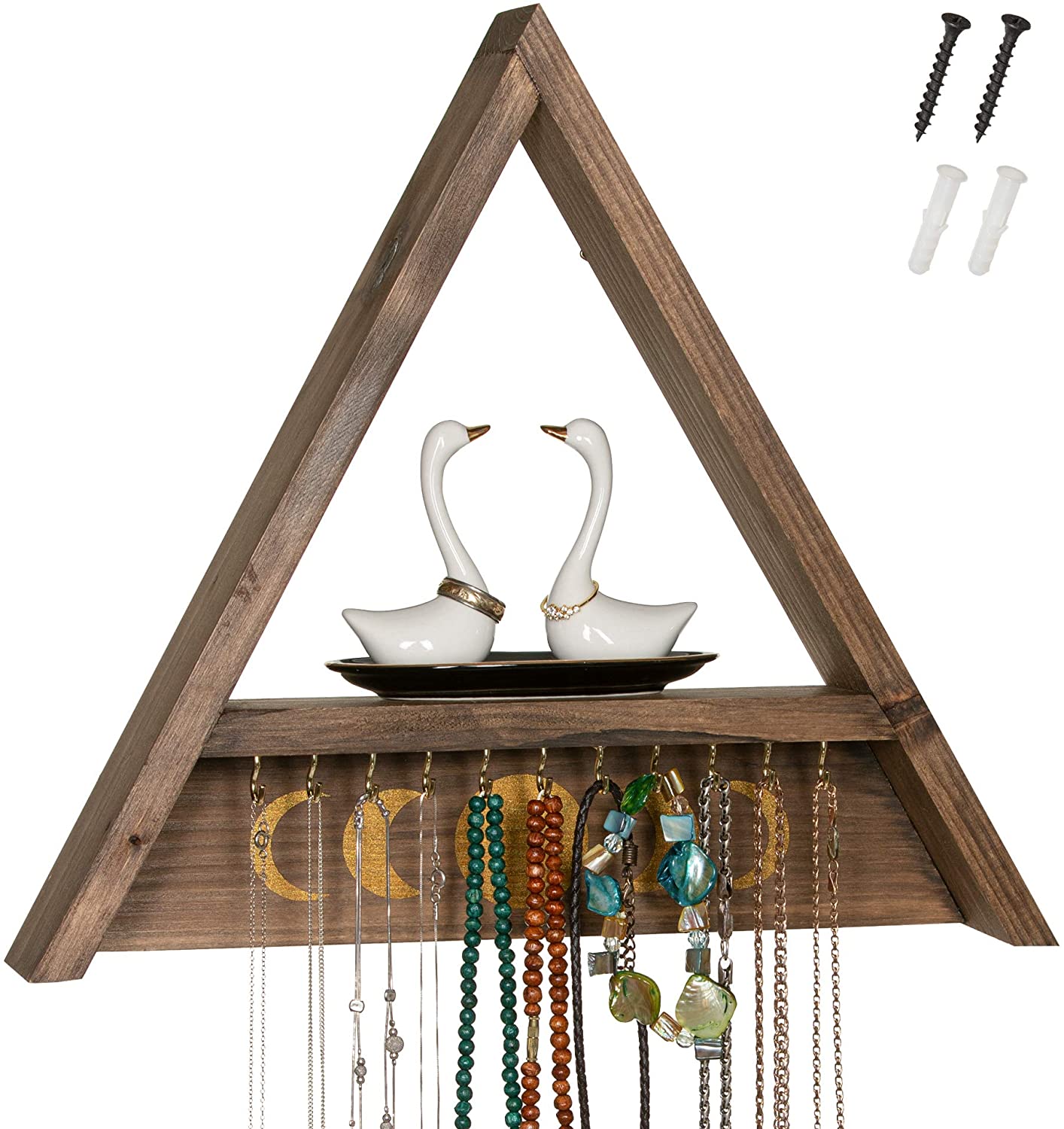 Rustic Wooden Hanging Jewelry Wall Organizer Triangle Shelf with Moon
