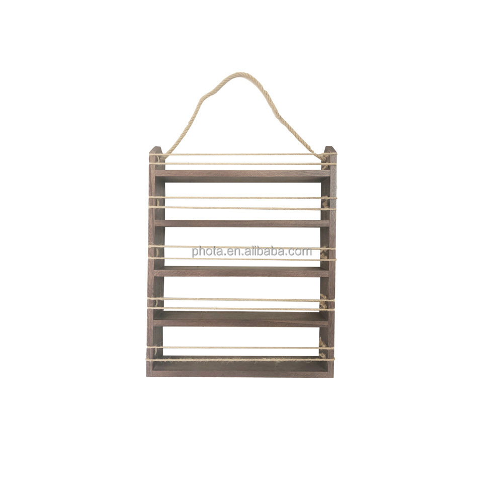Wood Ladder Style Hanging Kitchen Spice Rack Shelf with Rustic Rope