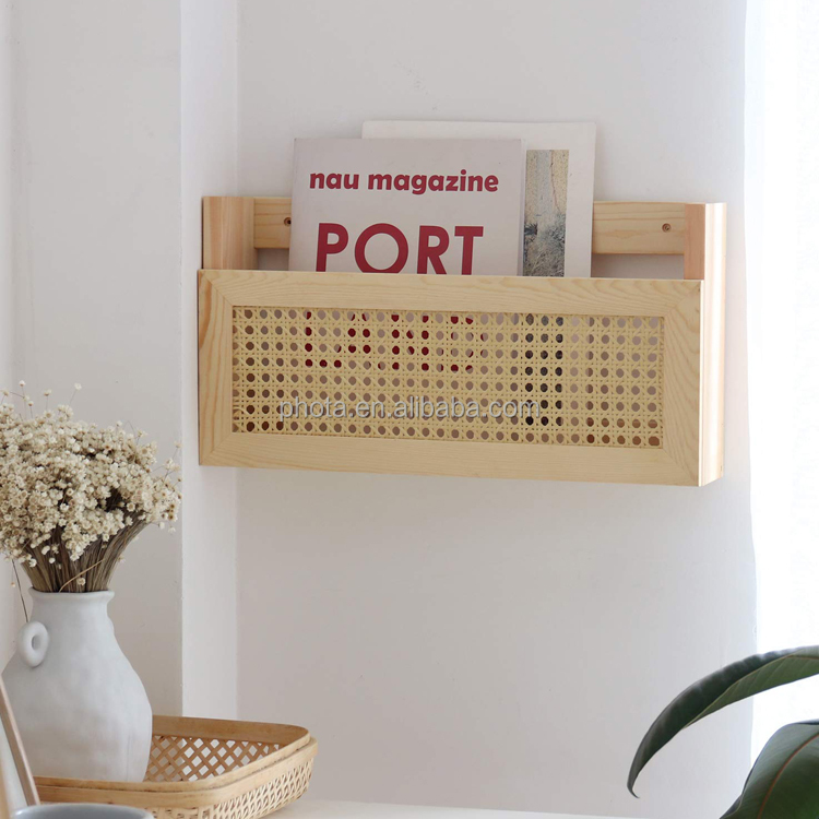 Wood Wall Shelf with PE Rattan Grid